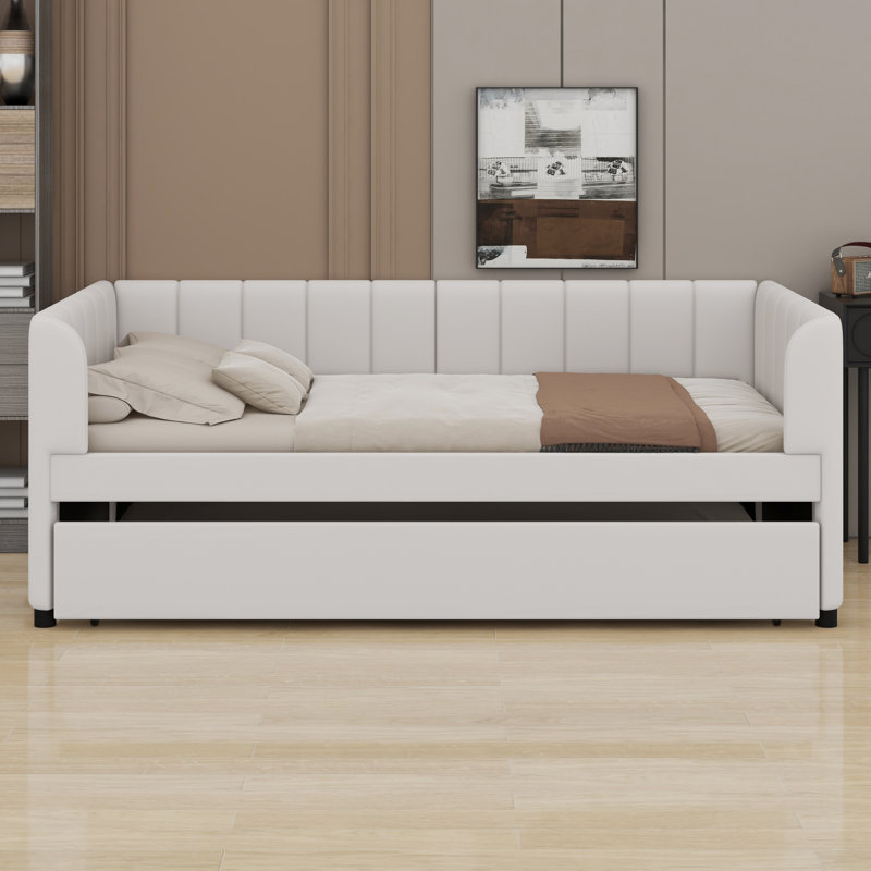 Lit de jour rembourré avec dossier ergonomique et lit gigogne, Beige