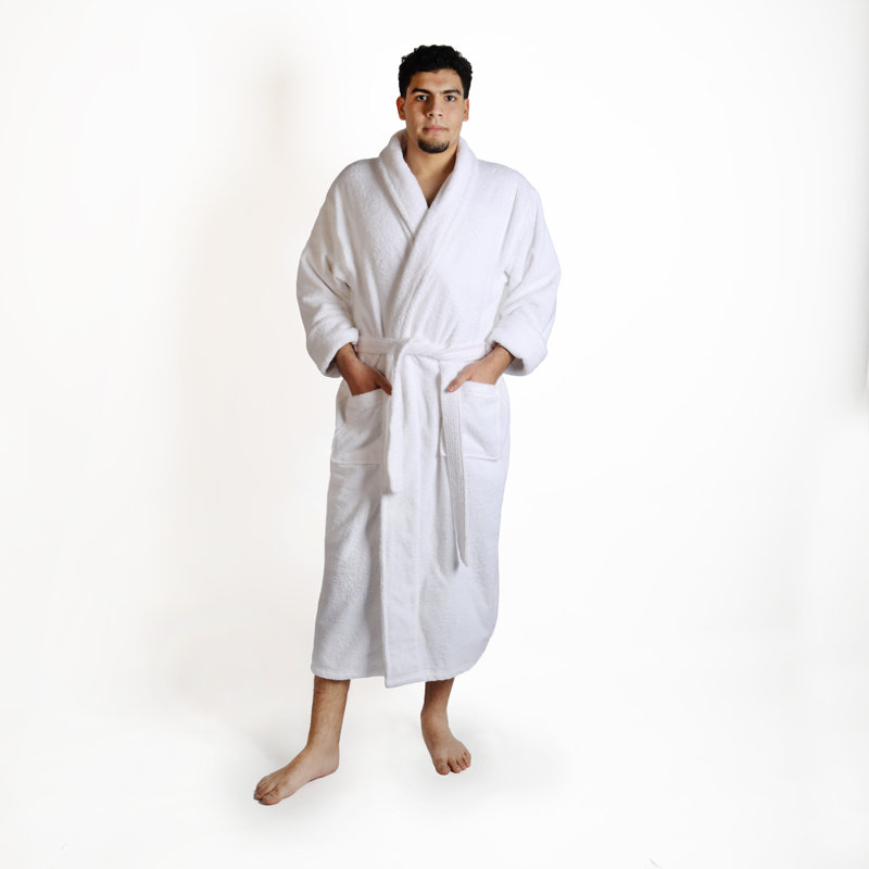 Peignoir mi-mollet 100% coton éponge avec poches, S / M, Blanc masculin