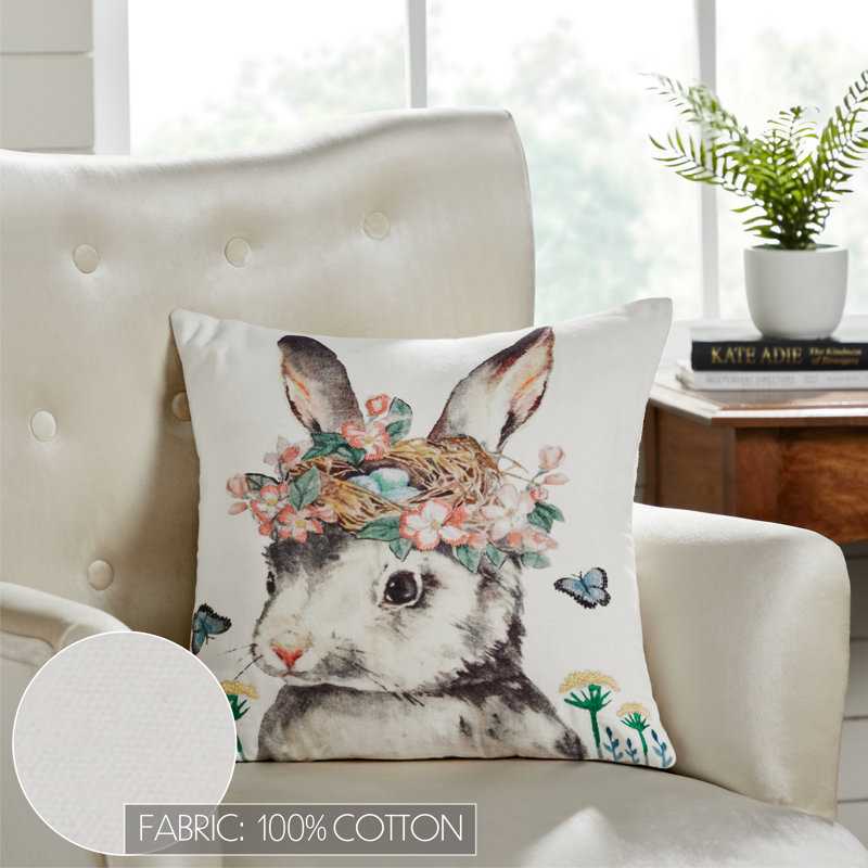 Farmhouse Grey Cotton Embroidered Bunny Accent Pillow