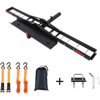 Porte-outil de remorquage de vélo robuste de 600 lb - Cadre en fer noir, rampe de chargement, 4 sangles sécurisées - Transport fiable pour les motos, les motos, les scooters, les vélos électriques - Taille de crochet de 2 pouces - Comprend 4 ensembles de tendeurs