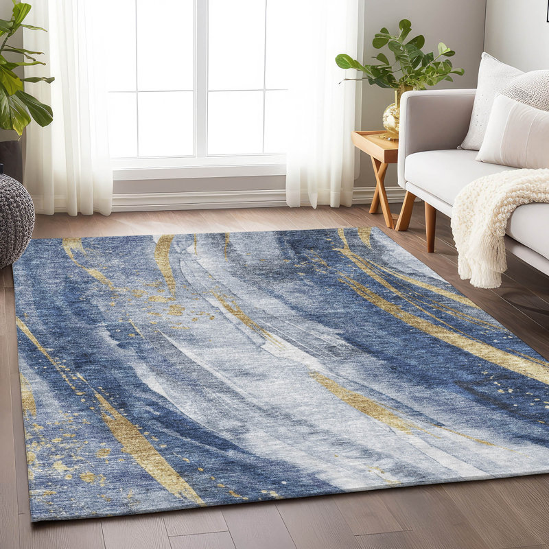 Tapis intérieur / extérieur bleu lavable à la machine 2 pi 6 po x 3 pi 10 po Claudian ACN1676, Rectangle 10 pi x 14 pi