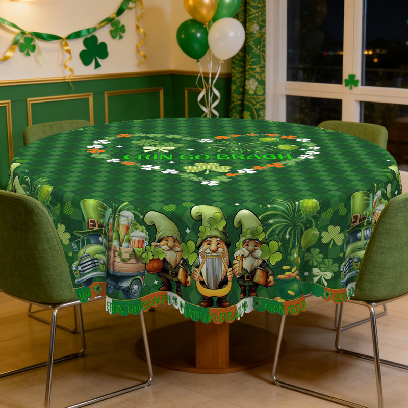 St. Patrick's Day Gnome Tablecloth - Green Checkered & Shamrock Printed Fabric Cover, Reusable Round/Rectangular Tablecloth for St. Patrick's Day Parties, Brunch | St. Patrick's Day Themed Tablecloth with Leprechaun Gnome Design, Fits Dining Tables