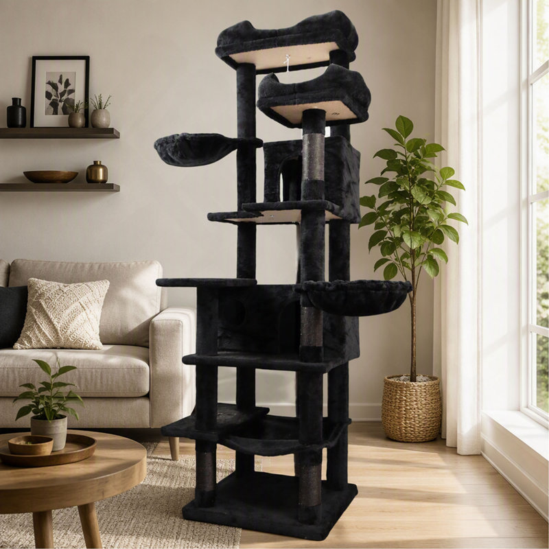 Arbre à chat, 173 cm de hauteur, design vert à plusieurs niveaux avec hamacs, panier suspendu, niche, coussin amovible et poteaux à griffer - Noir