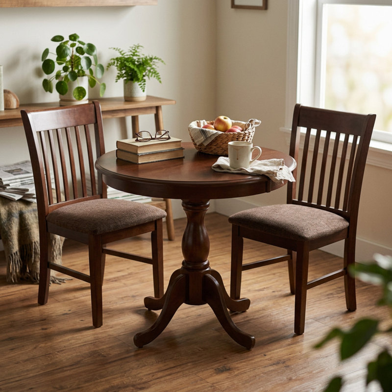 Ensemble de coin-repas 3 pièces en acajou à finition lisse et brossé en bois d'hévéa avec chaises à piédestal