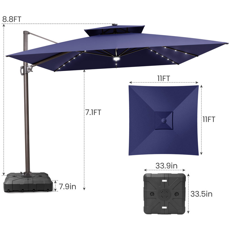  Parasol de patio en porte-à-faux 11 pi x 11 pi à DEL avec base en contrepoids, Navy Blue