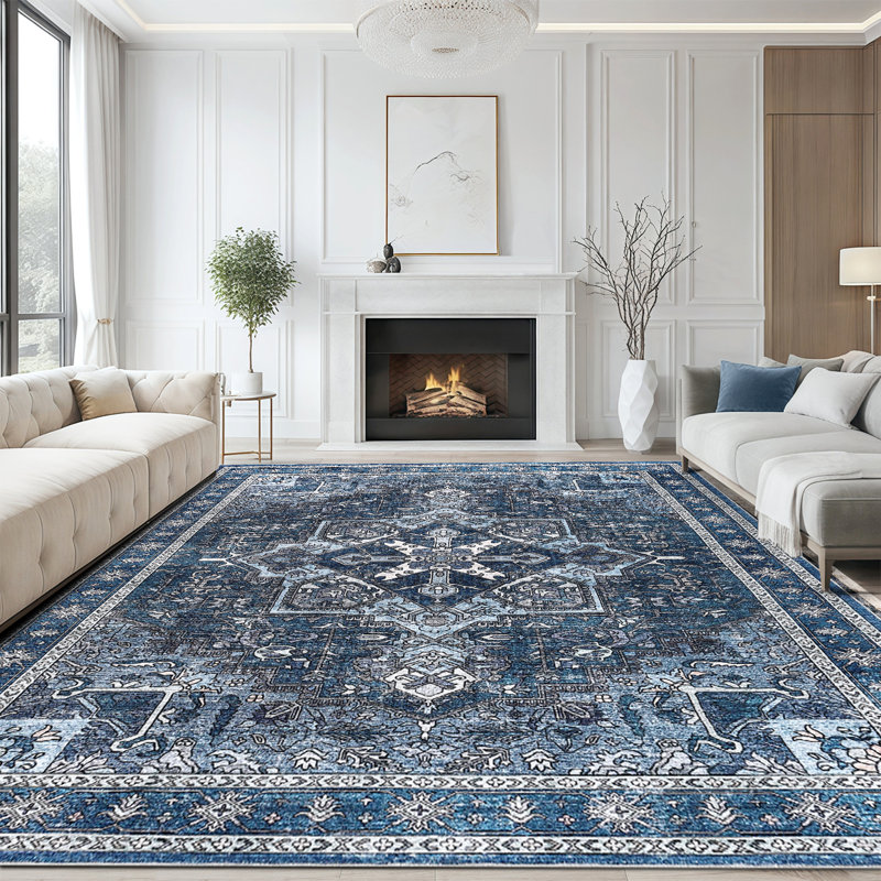 Living Room Machine Washable Non Slip Low Pile Lightweight Chenille Print Rug Vintage Retro Rugs for Bedroom Dining Room Home Office