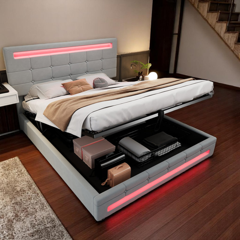 4Ft6 Double Bed Velvet Upholstered Bed With 7 Colors LED-Light Strips, Grey