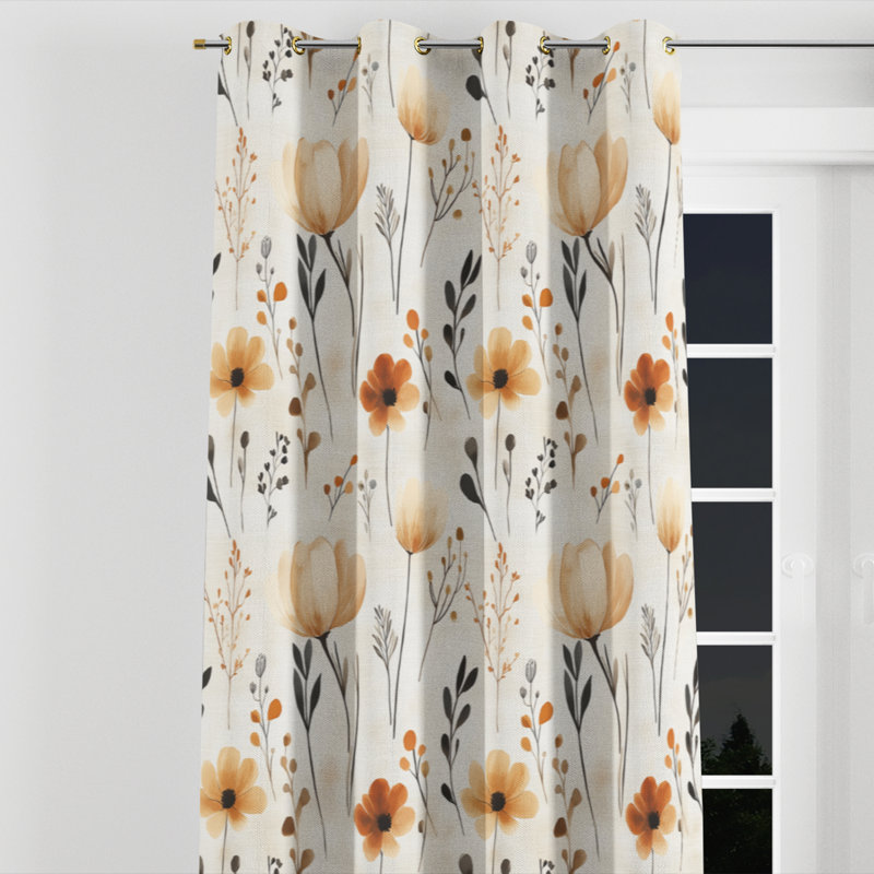Rideaux Boho - 1 rideau floral avec œillets Azilynn, L 52 po x L 95 po, Œillets dorés