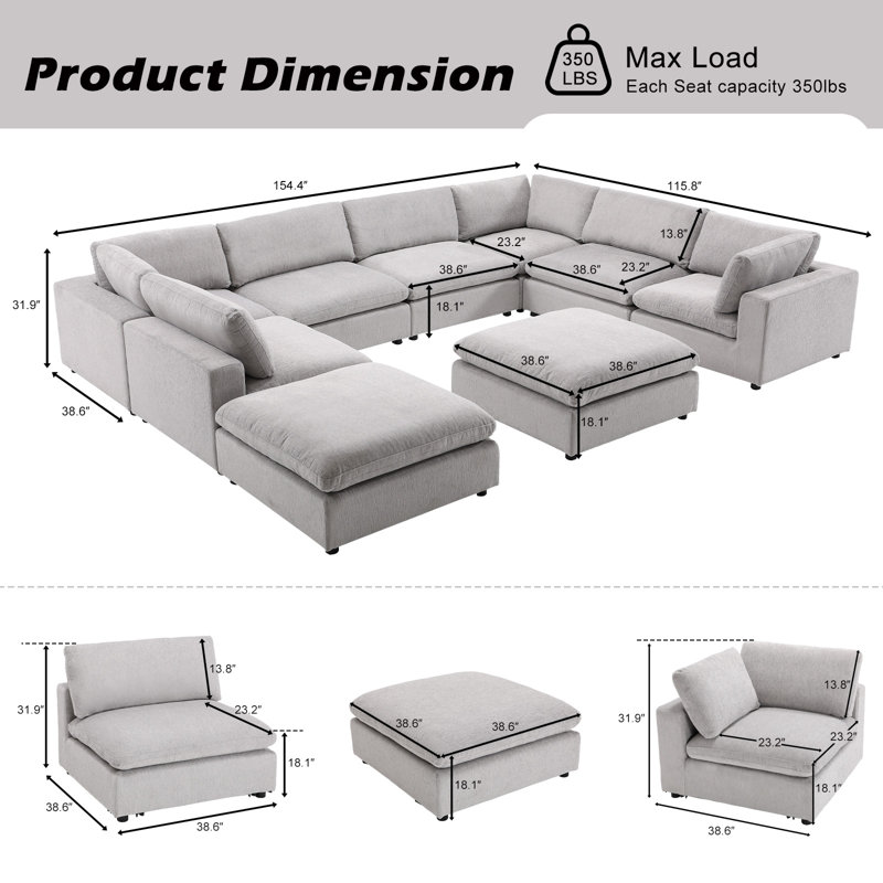 Nuccio 9-Piece Minimalist Modern Soft-Upholstered Sectional With Ottoman, Light Gray Chenille