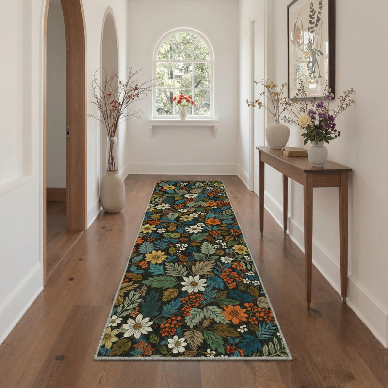 Ammons Edenwood Floral Machine Washable Black / White / Green Indoor Area Rug with Non-Slip Backing, Runner 2'3" x 6'