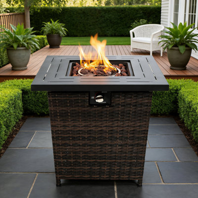 50,000 BTU Square Propane Fire Pit Table - 28" Outdoor Patio Heater With Steel Frame & Wicker Base