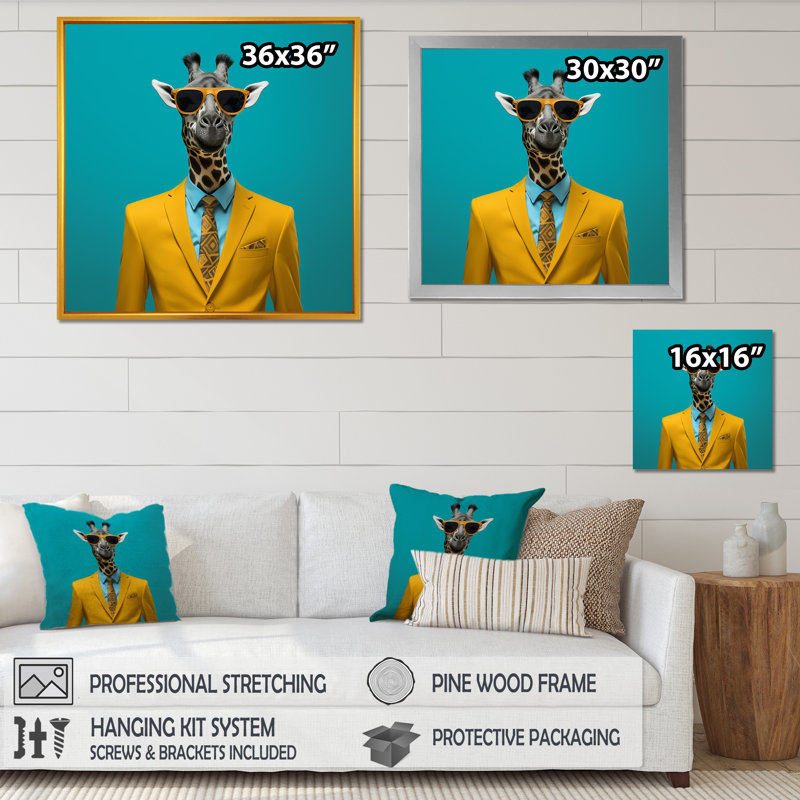 Jaune avec girafe I, Toile tendue, H 16 po x l 16 po x P 1 po