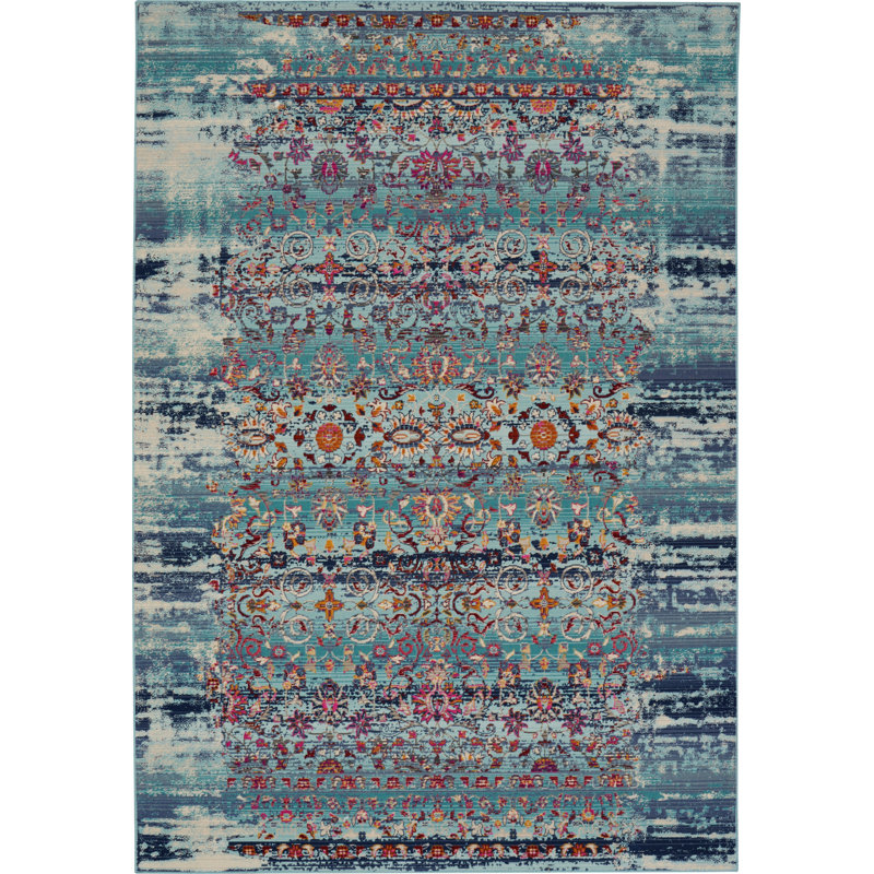 Tapis bleu traditionnel Karey, Rectangle 5 pi 3 po x 7 pi 10 po