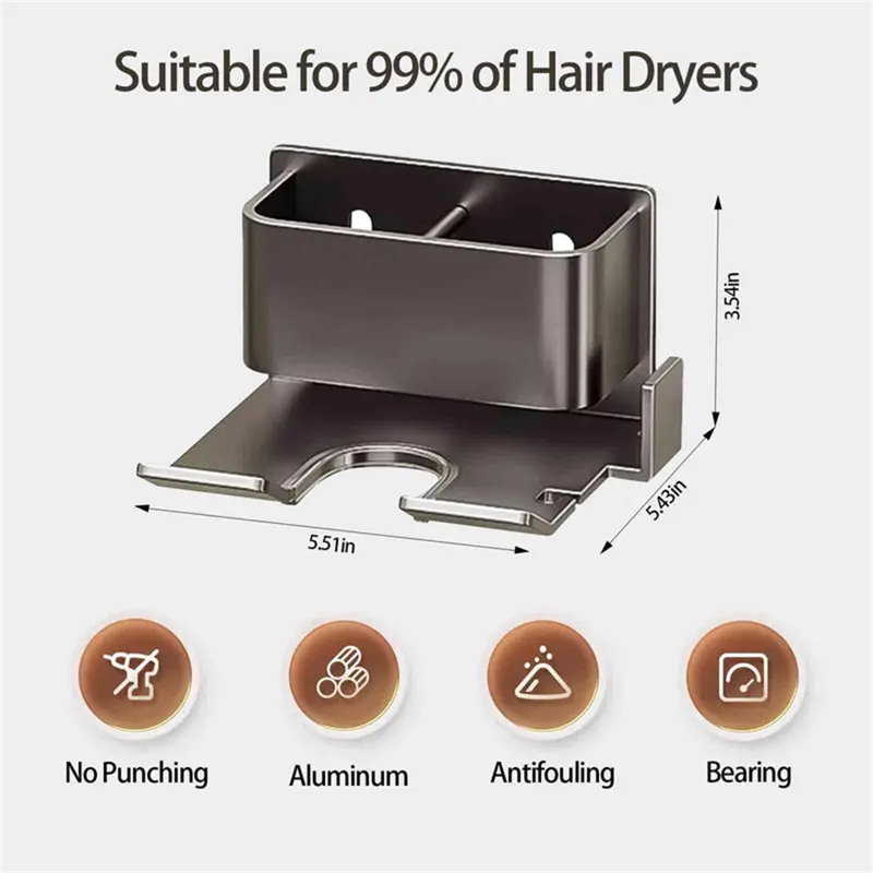 Séchoir à cheveux mural en aluminium et porte-accessoires, Gris
