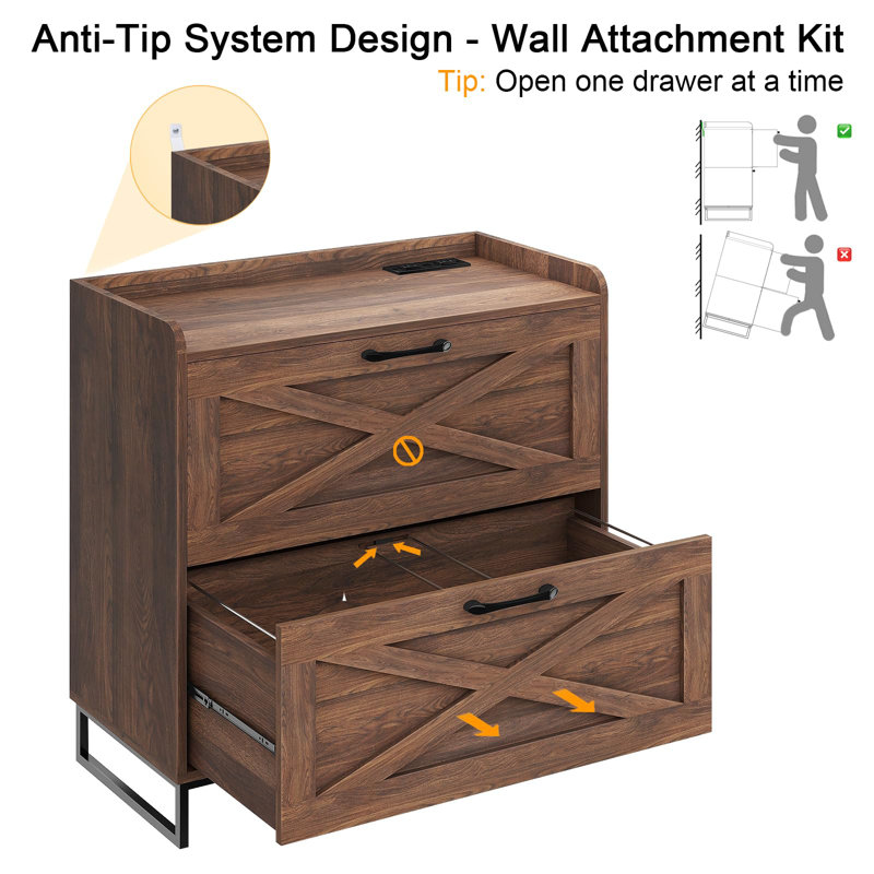Lateral File Cabinet With Charging Station, Walnut