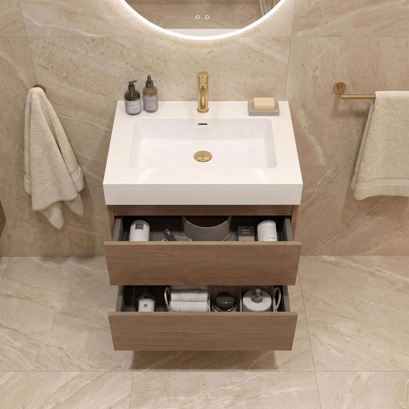 Meuble-lavabo mural simple avec comptoir en quartz et trop-plein, 24", Blanc, Brown Walnut