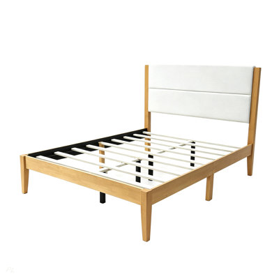 Structure de lit plateforme Mid-Century moderne avec tête de lit tapissier, support de lattes en bois massif, aucun sommier requis, assemblage facile, pleine grandeur, naturel