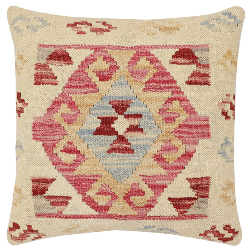 Oreiller rustique en kilim tissé à la main Caballer - 17 po x 18 po Rustic, Beige / rose / bleu / rouge, H 16 po x l 18 po