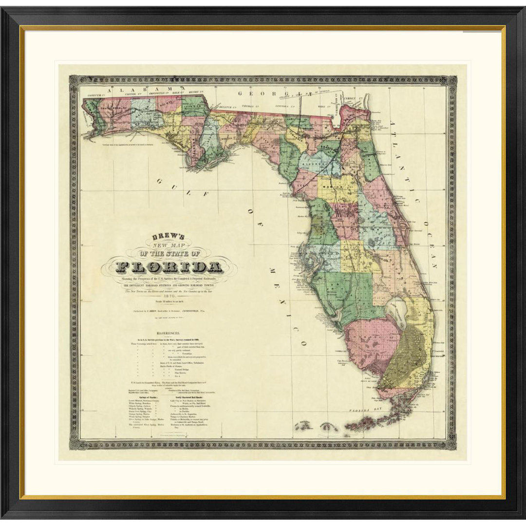 New Map of the State of Florida, 1870 by Columbus Drew - Picture Frame Graphic Art Print on Paper East Urban Home 