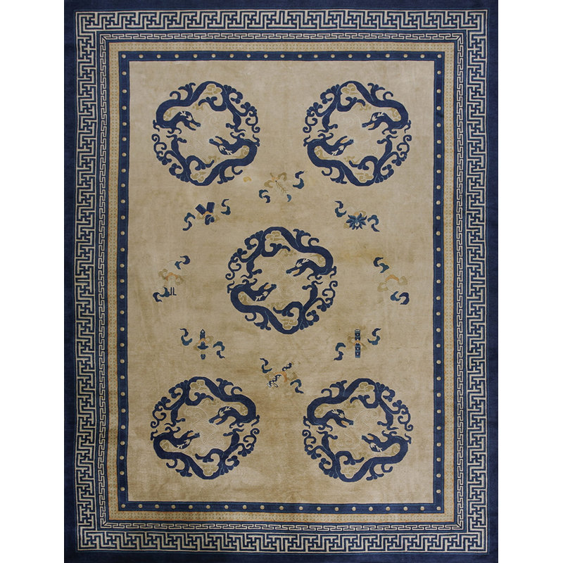 Antique Knotted Chinese Rectangle Ivory Room Size 1920s Wool - Peking Rug