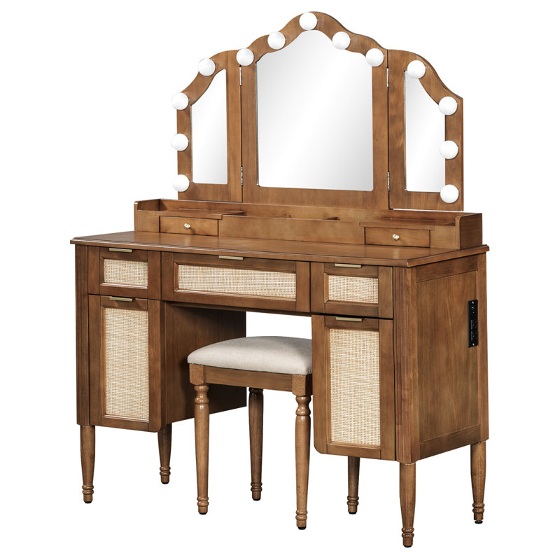 Coiffeuse de maquillage avec tabouret, station de charge, beaucoup de rangement, 13 ampoules Hollywood et 3 modes d'éclairage
