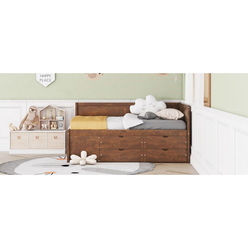 Lit de jour en bois avec tiroirs et tablettes, Double , Noyer