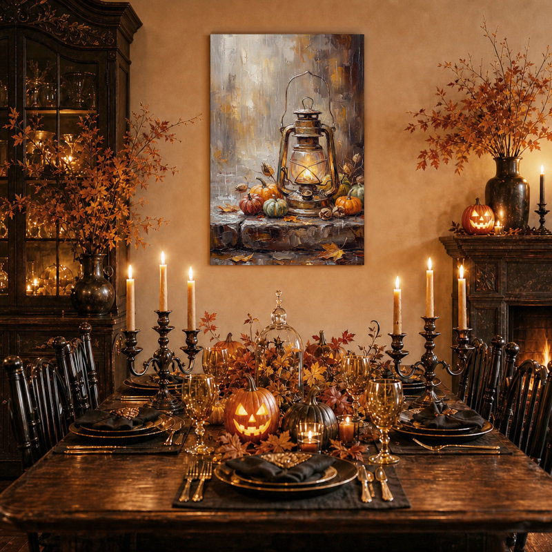 Lanterne lumineuse et citrouilles d'automne sur toile décorative pour l'Halloween, 18"H x 12"W
