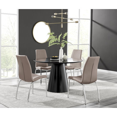 Edward Statement Pedestal Dining Table Set with 4 Luxury Faux Leather Upholstered Dining Chairs -  East Urban Home, EF6D921D1A9540A8B9C76CBB57D7BB33
