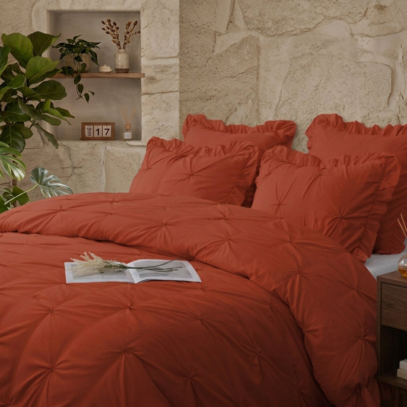 5 Piece Romantic Princess Pintuck Comforter Set, King Comforter + 4 King Shams, Terracotta