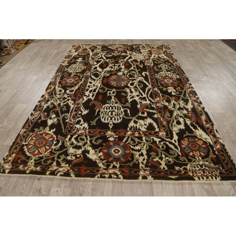 Tapis unique en laine noué à la main ivoire / noir nouvel âge 6 pi 1 po x 9 pi 2 po