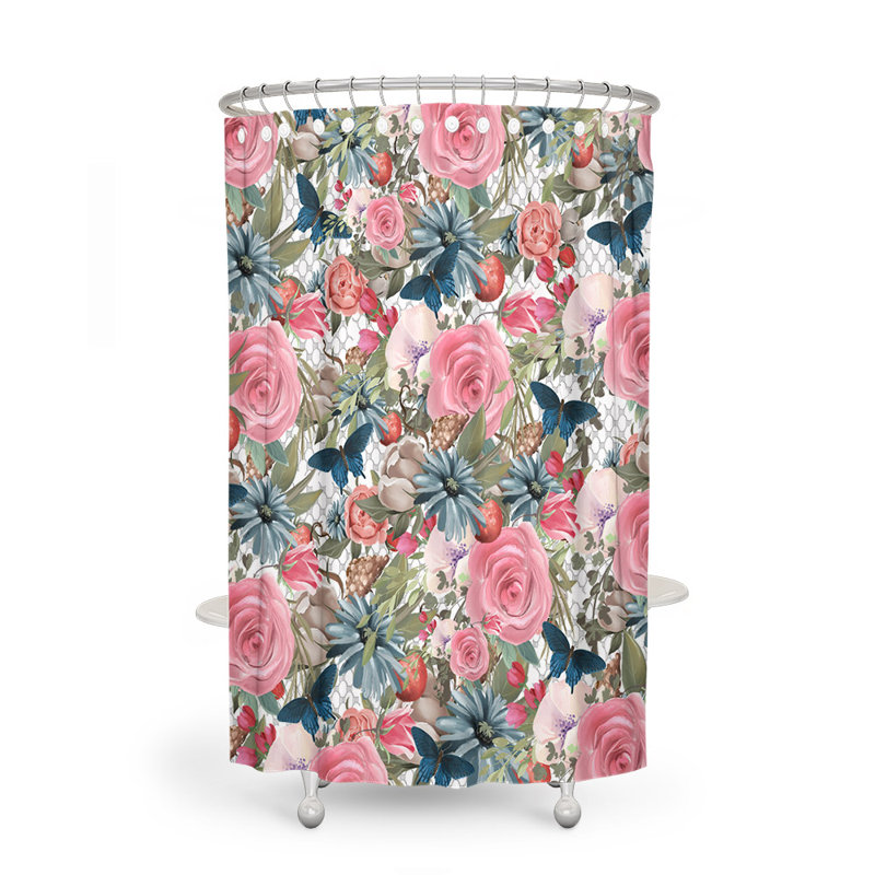 Rideau de douche simple à motif floral Basti, Rose, bleu, H 93 po x l 70 po x P 6 po