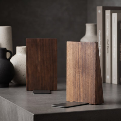 Solid Walnut Wood Book Ends Set of 2, L‑Shaped Non‑Slip Metal Base Book Stoppers, Decorative Heavy‑Duty Book Supports for Bookshelf, Desk, Home & Office Organization