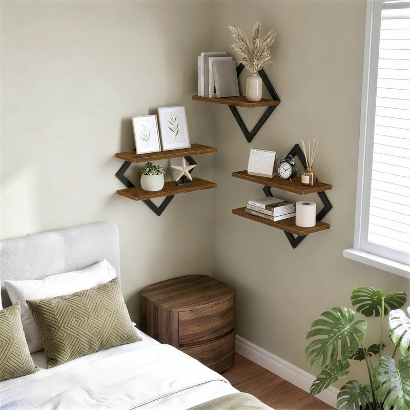 Ensemble de tablettes flottantes géométriques - 3 pièces de rangement mural avec niveaux simple et double, présentoir en bois robuste et en métal pour la décoration intérieure, le salon, la salle de bain et l'organisation compacte