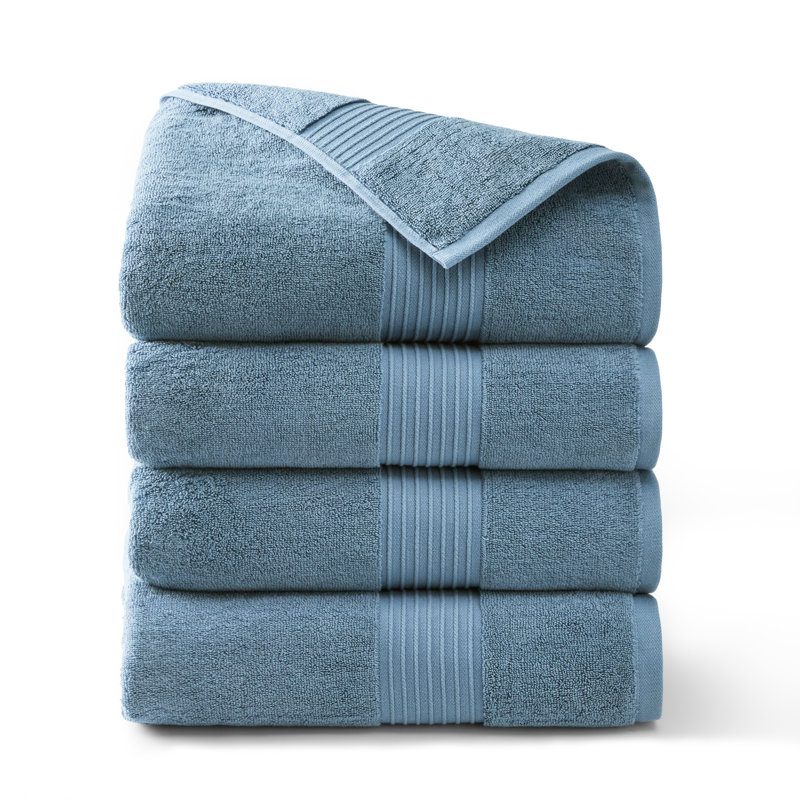 TOWN & COUNTRY EVERYDAY 4-Piece Solid Dobby Border Bath Towel Set, 30x58-Inch, 100% Cotton, Blue