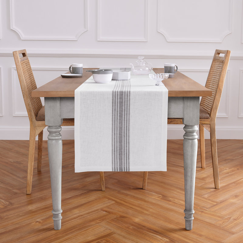 Farmhouse - 100% Pure Linen Table Runner, 48" x 14", Gray/White