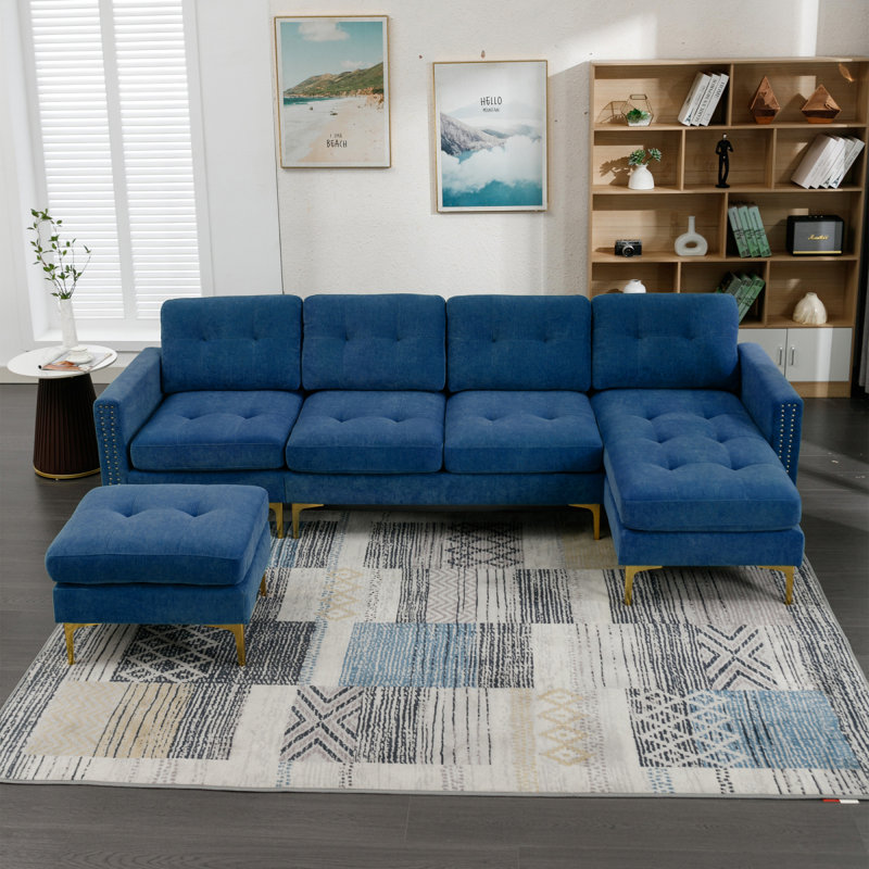 Canapé modulaire convertible en L 110 po avec repose-pieds mobile, Tissu bleu
