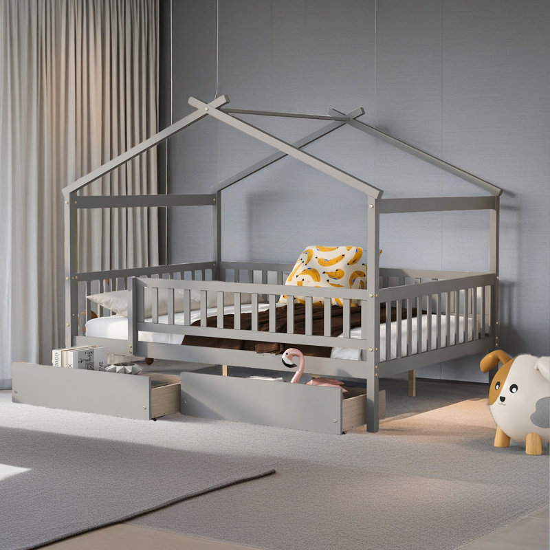 Lit double en bois avec deux tiroirs, Gris