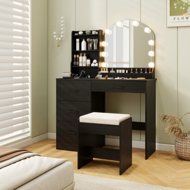Makeup Vanity Desk Dressing Table and Stool Set with Mirror and Lights, Black