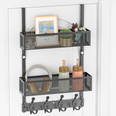 Over The Door Hooks Organizer With 2 Baskets, Adjustable Door Hanger Towel Rack, No Drill Back Of Door Storage For Bedroom, Kitchen, Bathroom