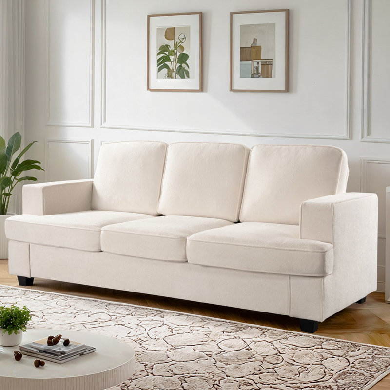 Canapé 3 places en velours à assise profonde, mousse haute, pour appartement, salon, bureau 3 places et idéal, Ivoire ivoire
