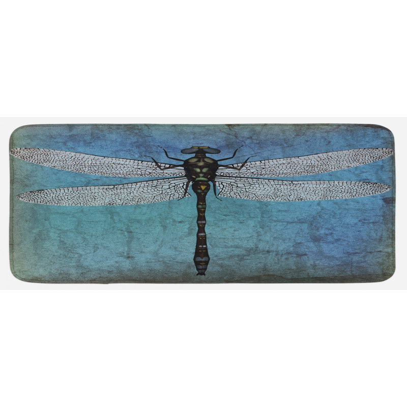 Tapis de cuisine bleu foncé et noir dégradé grunge rétro rétro et libellule bug
