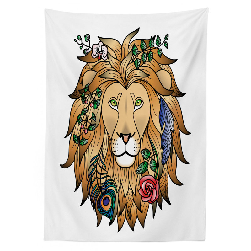 Ambesonne Zodiac Tablecloth, Horoscope Portrait Head Of Lion With Flowers On The Fur King And Power Sign Art, Rectangular Table Cover For Dining Room Kitchen Decor, 52" X 70", Brown