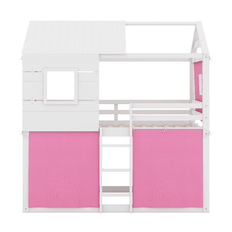 Bunk Wood House Bed With Tent, Full Over Full, Pink
