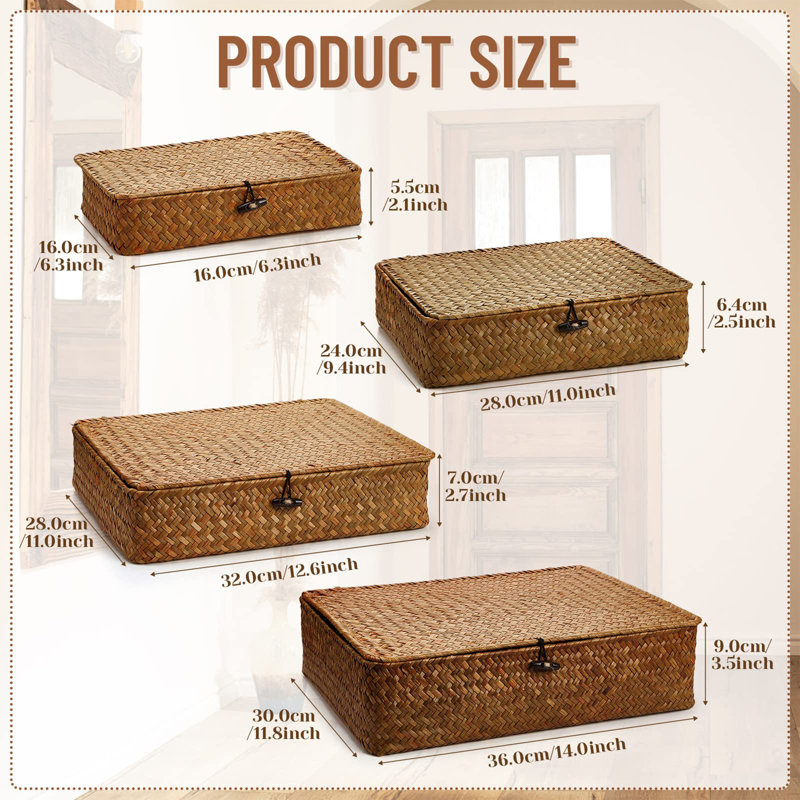 Ensemble 4 pièces de paniers de rangement en ruppie maritime, boîtes de rangement tissées avec couvercles