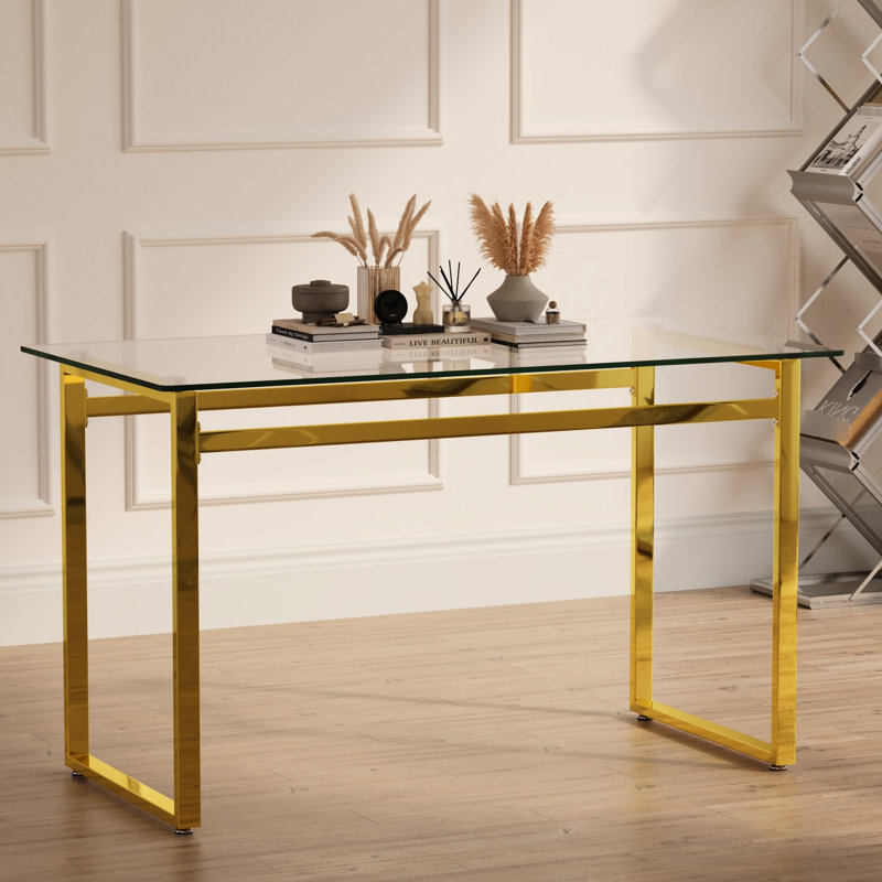Table de salle à manger 51 "en verre pour 4-6, trempé avec des pieds dorés, table de travail contemporaine de style rectangulaire avec option de style élégant