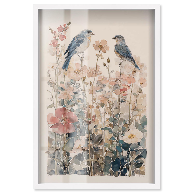 «Delicate Birds in Floral Shadowbox», décoration murale de cuisine par Art Remedy, cadre blanc, 36 x 54, H 55 po x l 37 po