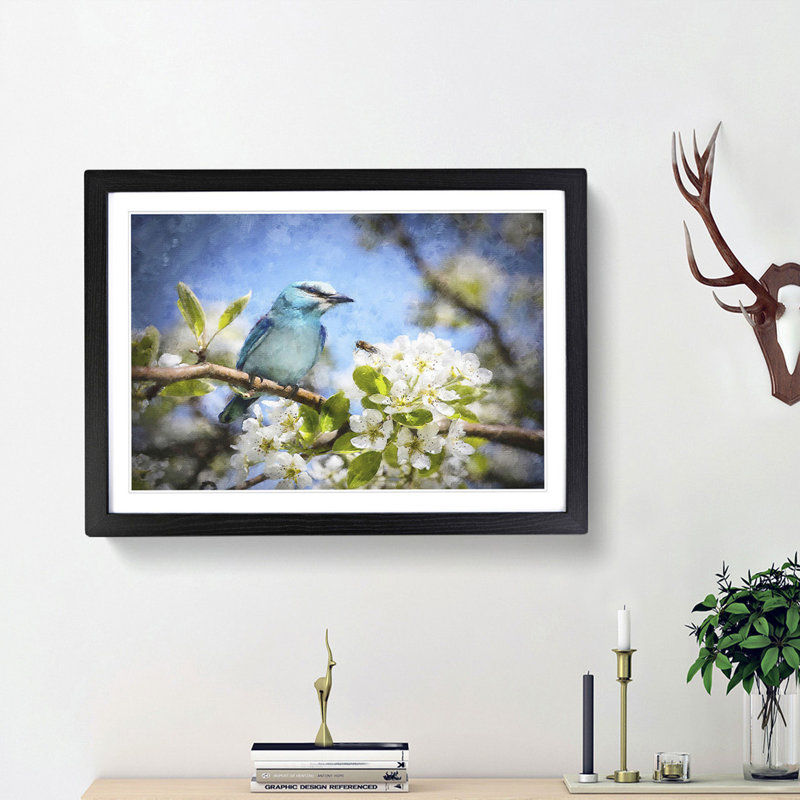 Blue Bird & Cherry Blossom Tree Painting - Single Picture Frame Print on MDF, 24cm H x 33cm W x 2cm D, Oak