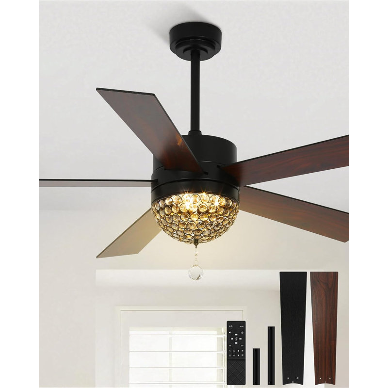 Ventilateur de plafond 52 po moderne en cristal avec lumières et télécommande, ventilateur de plafond industriel réversible silencieux à moteur à courant continu, ventilateurs de lustre DEL pour chambre à coucher, salon, salle à manger, noir