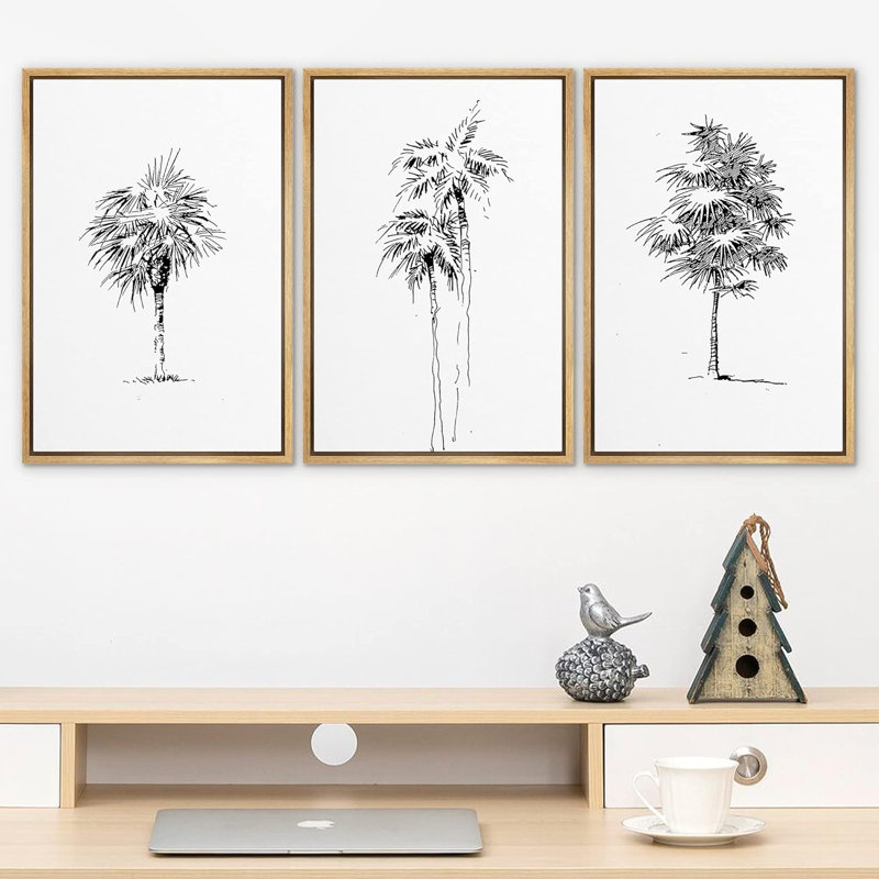 Minimalist Tree " Black And White Tropical Palm Tree Simple Minimalist Neutral Modern Art Work Room Decor " 3 - Pieces, Blanc