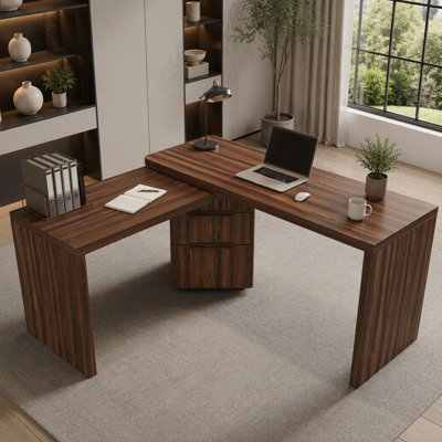 Bureau rotatif en L 90 po avec 3 tiroirs, fonction pivotante à 360 °, poste de travail d'angle peu encombrant